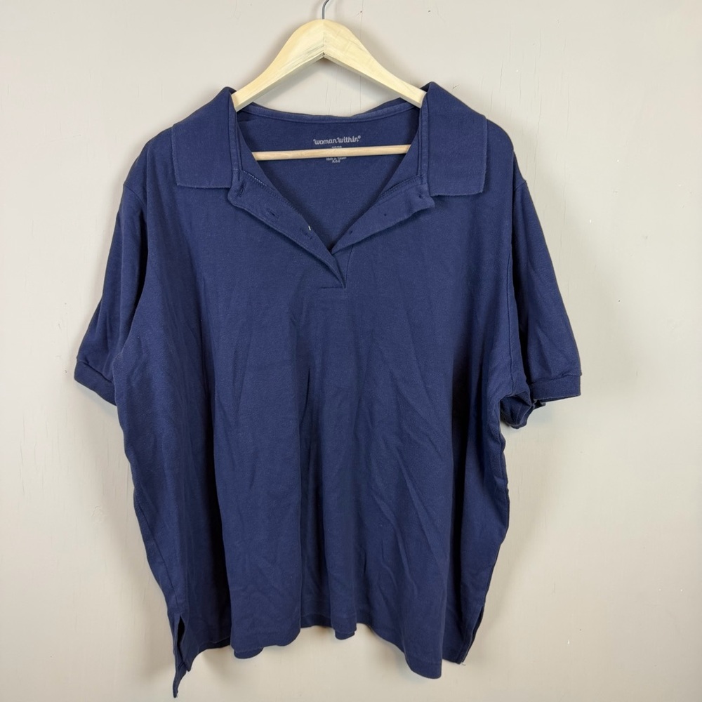 Woman Within Polo Top 4X 2X 26/28 Blue Short Sleeve Casual Shirt Navy Knit